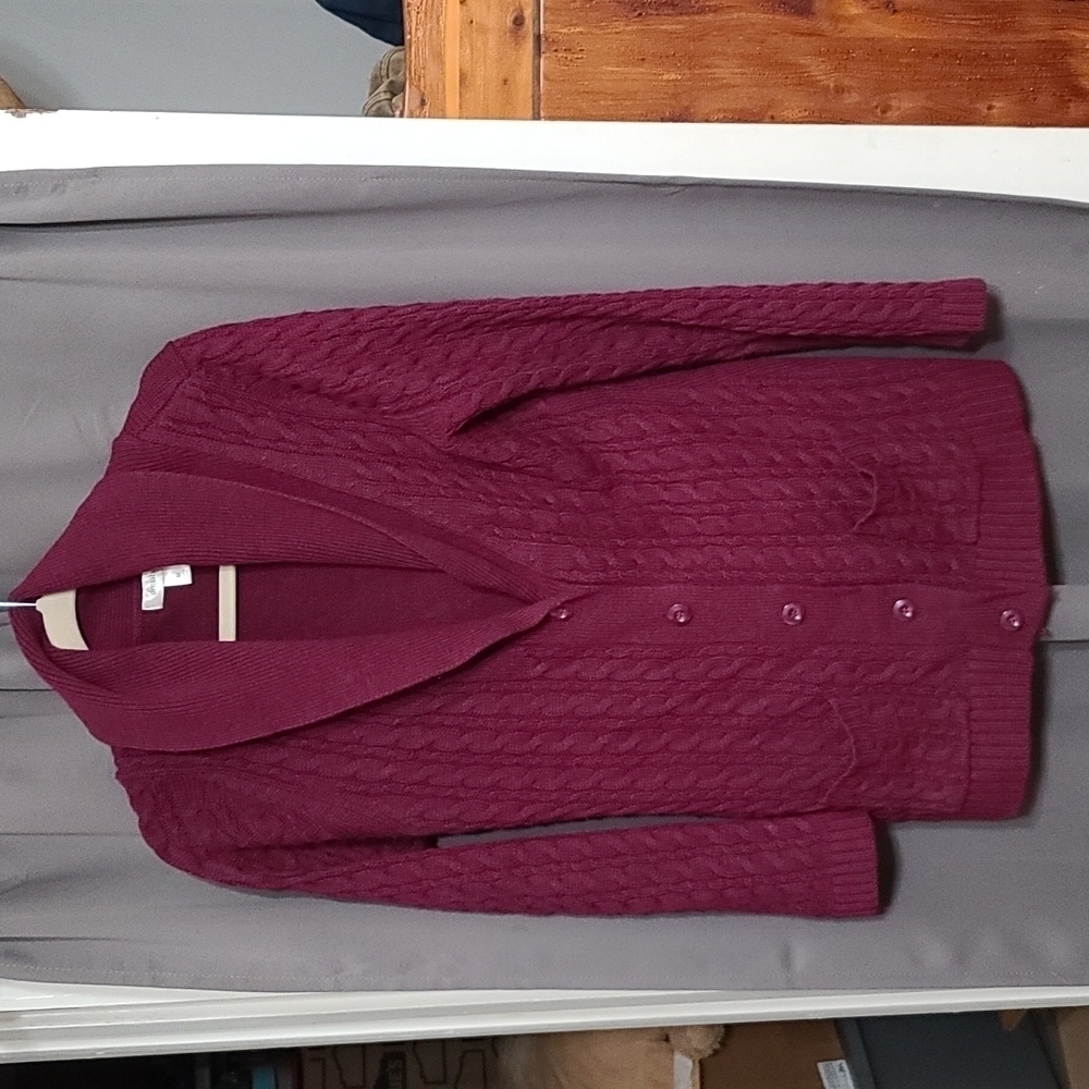Dress Barn Women's Cardigan Sweater Wine Shawl Collar Buttons Pockets Sz M EUC